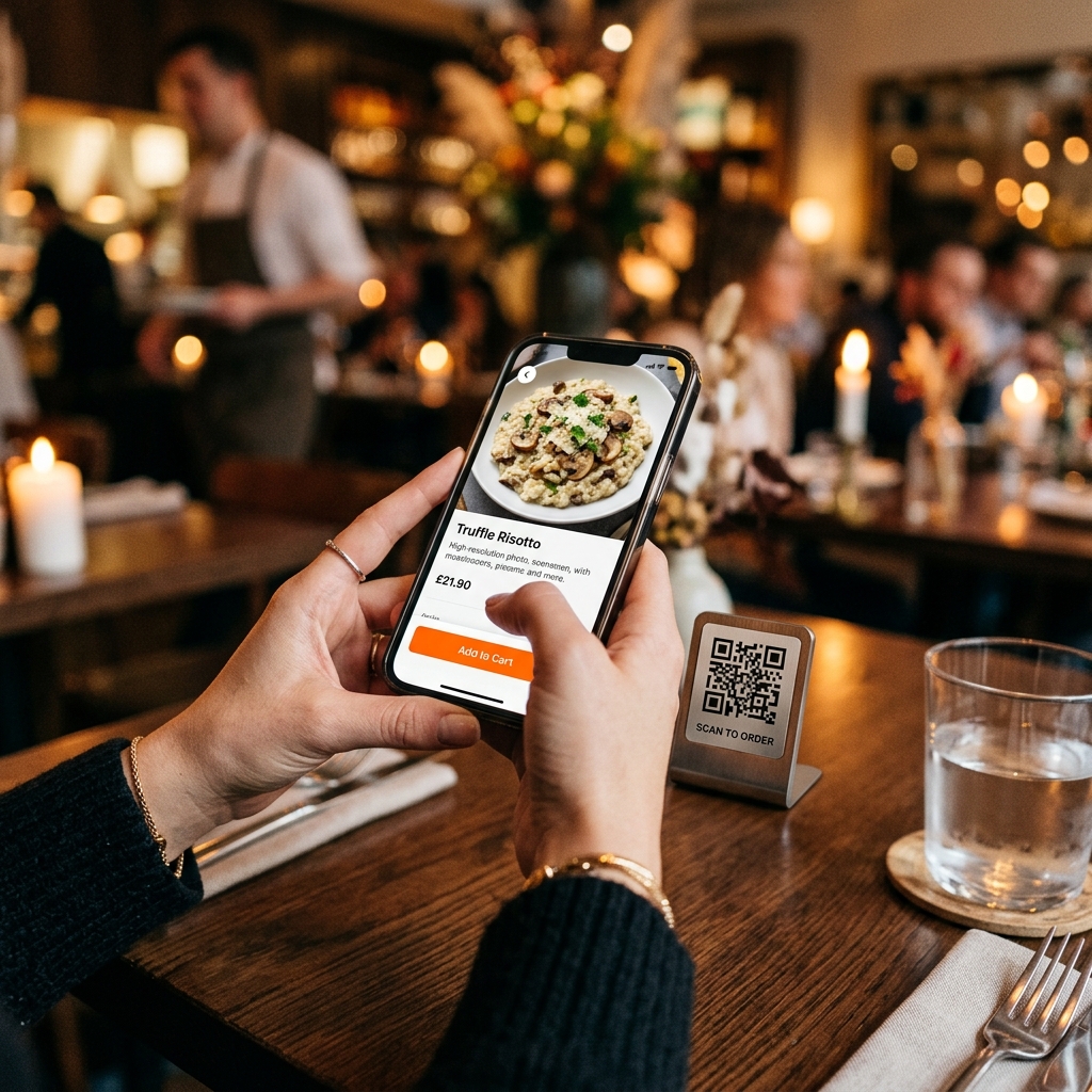 Cliente a escanear QR Code no restaurante